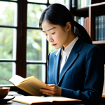 A thoughtful professional woman, embodying modern Confucian virtues, reading a book in a sunlit, elegant study. She is dressed in a modest, contemporary business suit. The background features bookshelves filled with classic texts and a large window offering a soft, natural light. Perfect anatomy, correct proportions, natural pose, well-formed hands, proper finger count, natural body proportions, safe for work, appropriate content, fully clothed, professional, high quality, studio lighting.