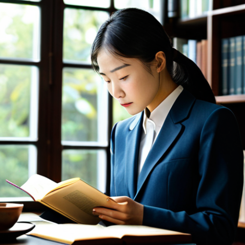 A thoughtful professional woman, embodying modern Confucian virtues, reading a book in a sunlit, elegant study. She is dressed in a modest, contemporary business suit. The background features bookshelves filled with classic texts and a large window offering a soft, natural light. Perfect anatomy, correct proportions, natural pose, well-formed hands, proper finger count, natural body proportions, safe for work, appropriate content, fully clothed, professional, high quality, studio lighting.