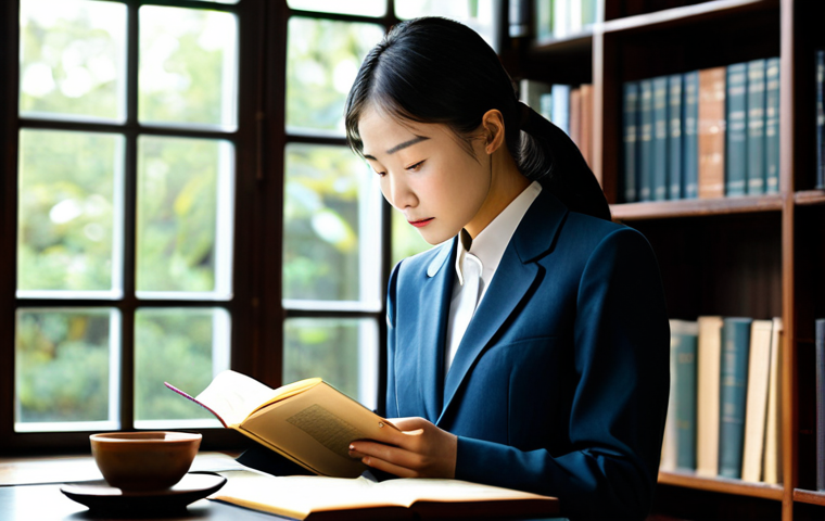 A thoughtful professional woman, embodying modern Confucian virtues, reading a book in a sunlit, elegant study. She is dressed in a modest, contemporary business suit. The background features bookshelves filled with classic texts and a large window offering a soft, natural light. Perfect anatomy, correct proportions, natural pose, well-formed hands, proper finger count, natural body proportions, safe for work, appropriate content, fully clothed, professional, high quality, studio lighting.