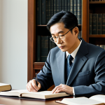 A serene East Asian scholar in their mid-career, embodying wisdom and introspection, deep in quiet contemplation. They are professionally dressed in a modest, contemporary business suit, fully clothed, appropriate attire. The scholar is seated at a polished wooden desk within a minimalist yet elegant study. The background features a tall bookshelf filled with various classic texts, and a subtle, traditional ink wash painting depicting a tranquil landscape hangs on the wall. Soft, natural light illuminates the scene, highlighting a sense of calm and intellectual depth. Professional photography, high resolution, sharp focus, harmonious composition, clean aesthetic, studio lighting. safe for work, appropriate content, family-friendly, fully clothed, perfect anatomy, correct proportions, natural pose, well-formed hands, proper finger count, natural body proportions.