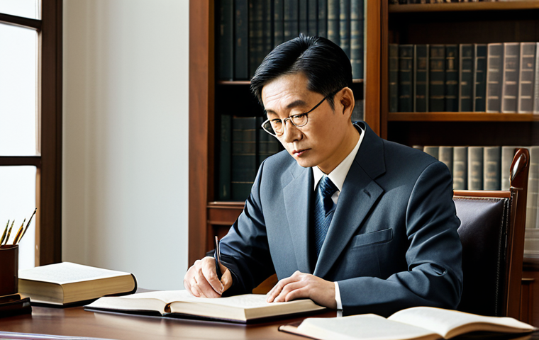 A serene East Asian scholar in their mid-career, embodying wisdom and introspection, deep in quiet contemplation. They are professionally dressed in a modest, contemporary business suit, fully clothed, appropriate attire. The scholar is seated at a polished wooden desk within a minimalist yet elegant study. The background features a tall bookshelf filled with various classic texts, and a subtle, traditional ink wash painting depicting a tranquil landscape hangs on the wall. Soft, natural light illuminates the scene, highlighting a sense of calm and intellectual depth. Professional photography, high resolution, sharp focus, harmonious composition, clean aesthetic, studio lighting. safe for work, appropriate content, family-friendly, fully clothed, perfect anatomy, correct proportions, natural pose, well-formed hands, proper finger count, natural body proportions.