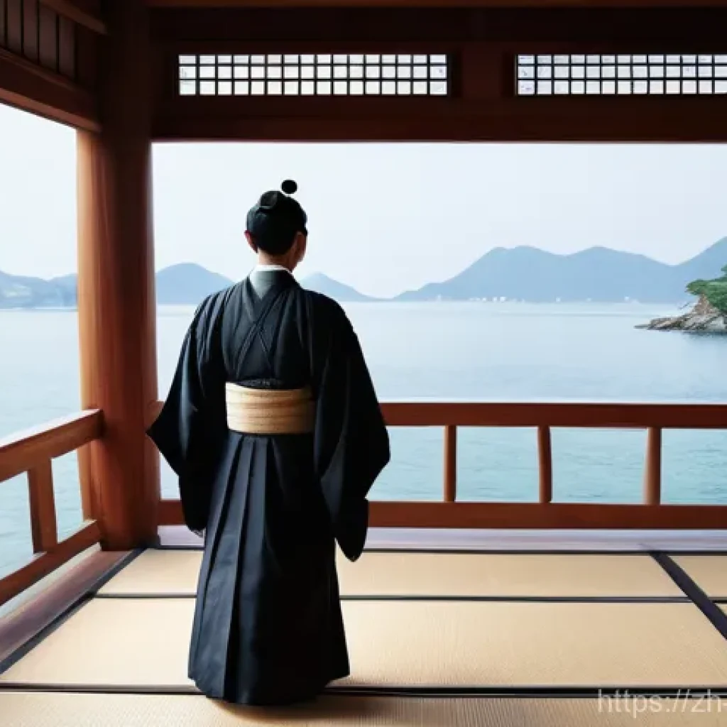 일본 유교의 전파 - **Prompt:** A historically accurate depiction of a serene ancient Japanese coastline in the 5th cent...
