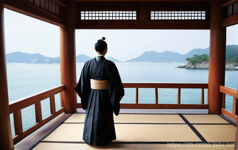 일본 유교의 전파 - **Prompt:** A historically accurate depiction of a serene ancient Japanese coastline in the 5th cent...