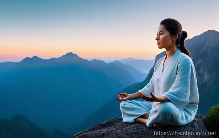 도교와 치유술 - **Prompt 1: Serene Mountain Meditation**
    A peaceful, mature woman, dressed in loose-fitting, com...