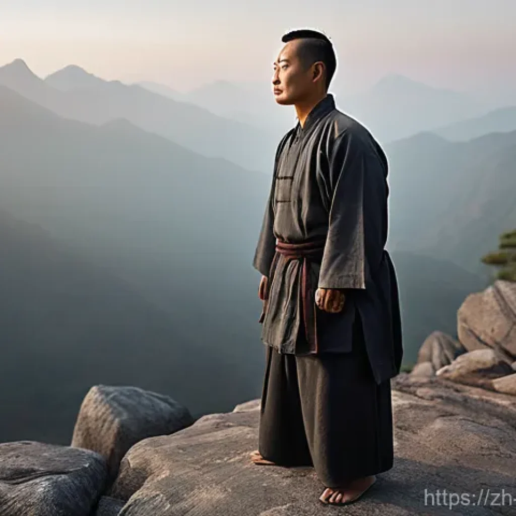도교의 무술 - **Prompt:** A serene, full-body shot of a male practitioner in his late 30s, performing a Taoist sta...