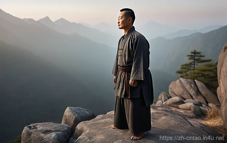 도교의 무술 - **Prompt:** A serene, full-body shot of a male practitioner in his late 30s, performing a Taoist sta...