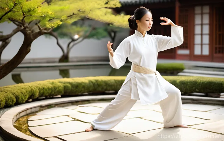도교의 무술 - **Prompt:** A serene, full-body shot of a male practitioner in his late 30s, performing a Taoist sta...