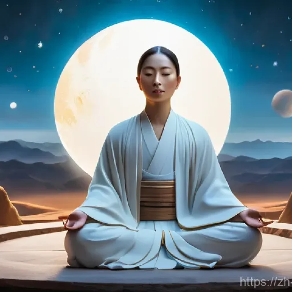 도교의 초월적 경험 - A serene, gender-neutral figure with a tranquil expression, meditating or deeply contemplating withi...