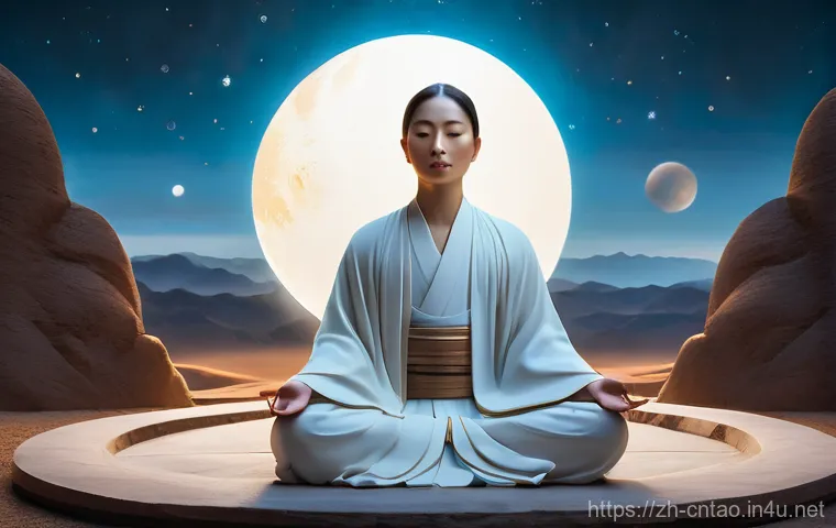 도교의 초월적 경험 - A serene, gender-neutral figure with a tranquil expression, meditating or deeply contemplating withi...