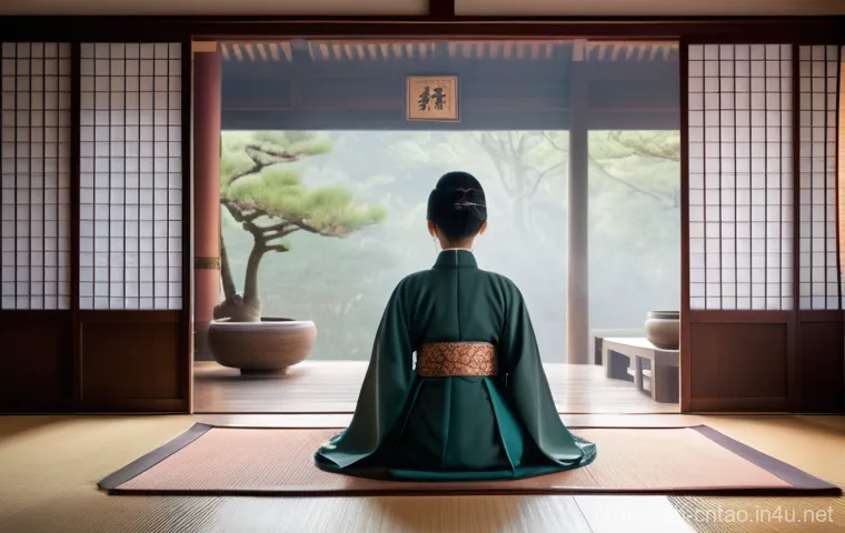 도교의 초월적 경험 - A serene, gender-neutral figure with a tranquil expression, meditating or deeply contemplating withi...