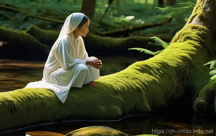 도교의 초월적 경험 - A person, appearing female, with a calm and focused expression, is engaged in a peaceful tea ceremon...