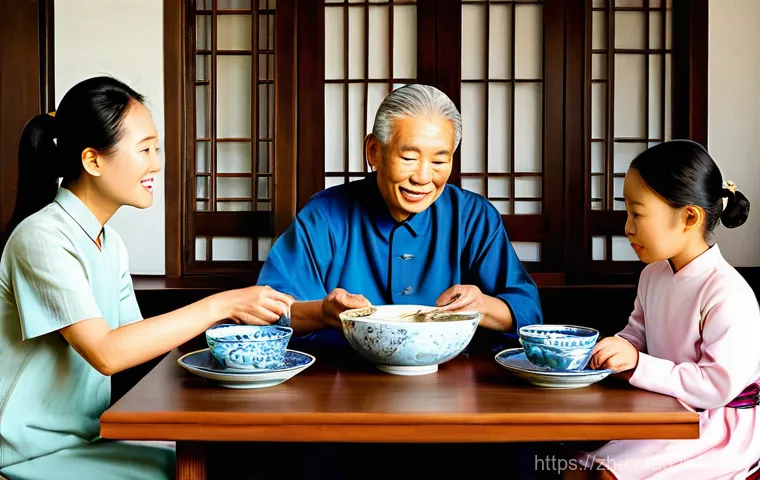 유교의 동아시아 영향 - **Prompt:** A heartwarming and serene indoor scene depicting an East Asian multi-generational family...