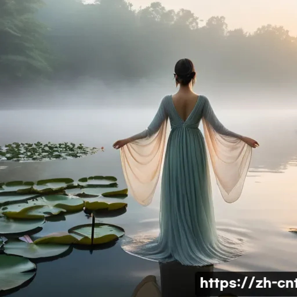 도교적 삶의 방식 - A serene female figure, viewed from the back, stands on a smooth, weathered stone bridge overlooking...