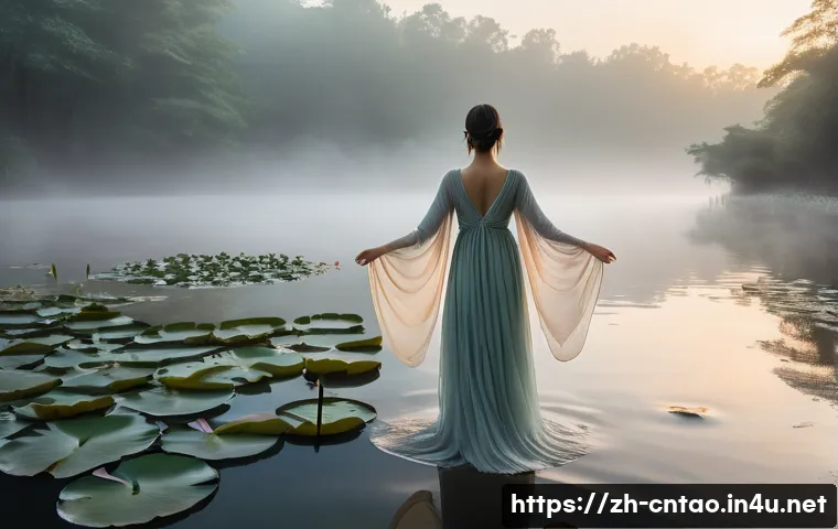 도교적 삶의 방식 - A serene female figure, viewed from the back, stands on a smooth, weathered stone bridge overlooking...