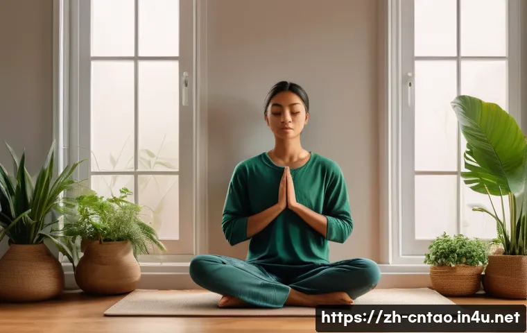 도교와 명상 - A serene indoor meditation scene featuring a young adult sitting cross-legged on a soft cushion, bac...