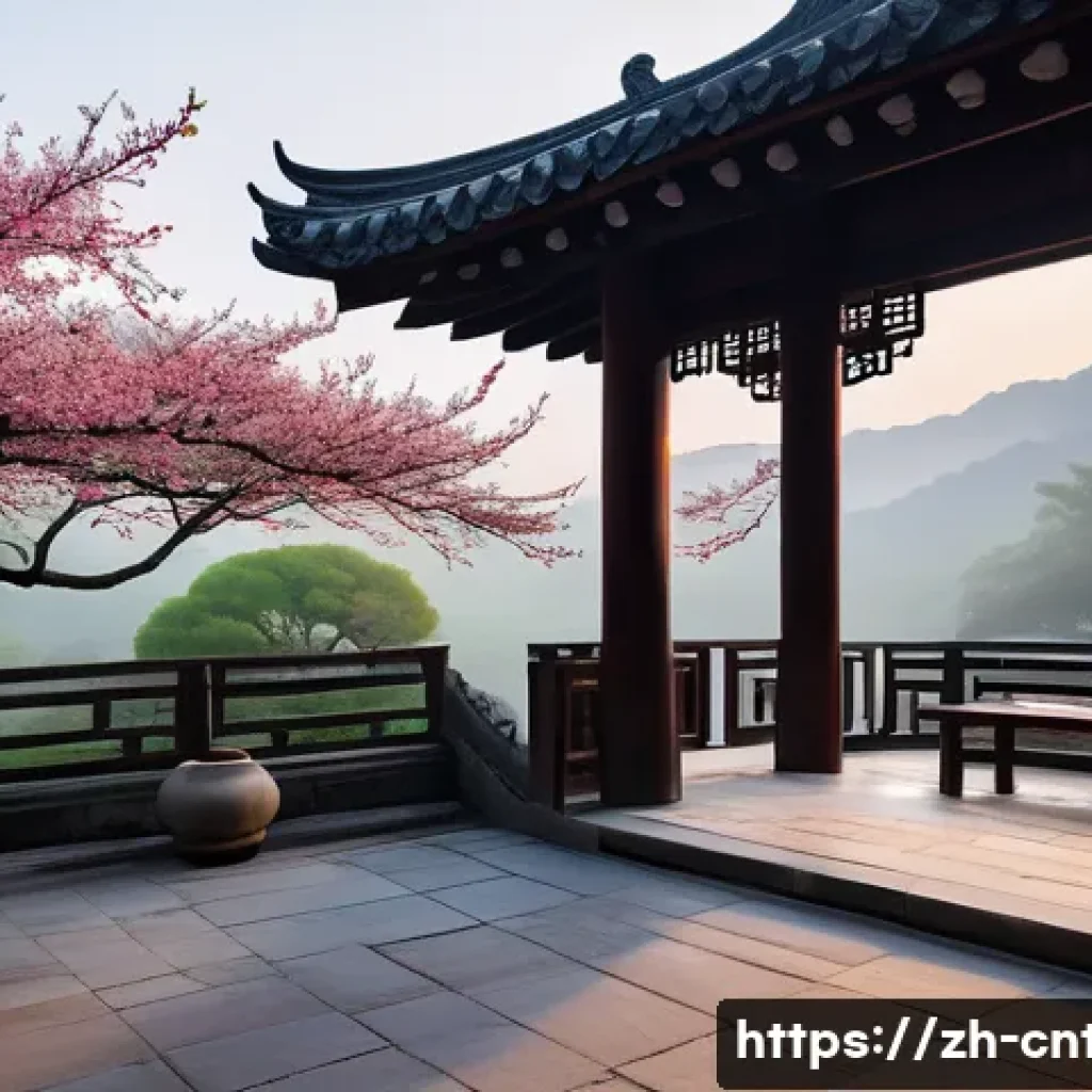 도교의 사상적 갈래 - A serene traditional Daoist temple courtyard at dawn, with intricate wooden architecture featuring c...