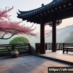 도교의 사상적 갈래 - A serene traditional Daoist temple courtyard at dawn, with intricate wooden architecture featuring c...