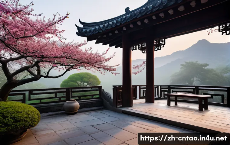 도교의 사상적 갈래 - A serene traditional Daoist temple courtyard at dawn, with intricate wooden architecture featuring c...