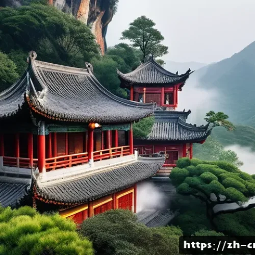 도교란 - A serene ancient Taoist temple nestled among mist-covered sacred mountains during early morning, wit...