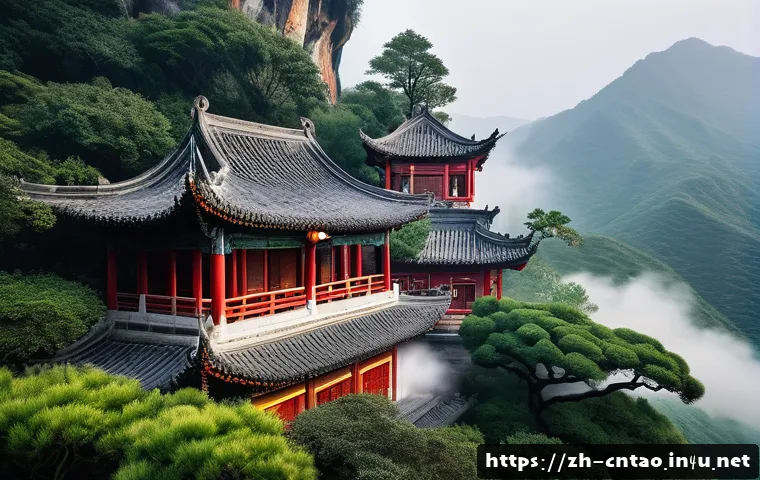도교란 - A serene ancient Taoist temple nestled among mist-covered sacred mountains during early morning, wit...
