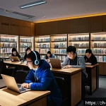 대학의 의미 - A modern university library scene at night, featuring diverse students studying intensely with lapto...
