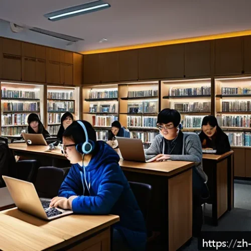 대학의 의미 - A modern university library scene at night, featuring diverse students studying intensely with lapto...