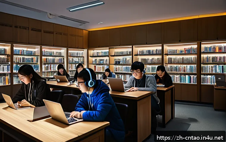 대학의 의미 - A modern university library scene at night, featuring diverse students studying intensely with lapto...