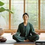 도교와 심리학 - A serene modern meditation room bathed in soft natural light, featuring a young Asian woman sitting ...