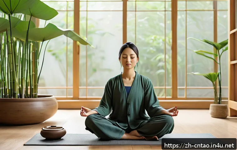도교와 심리학 - A serene modern meditation room bathed in soft natural light, featuring a young Asian woman sitting ...