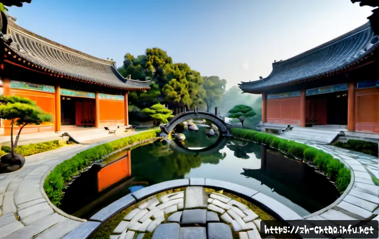 도교와 풍수지리 - Photorealistic traditional Chinese courtyard designed with harmonious feng shui principles, a serene...